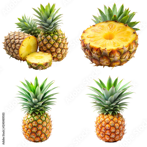 Pineapple slices fruit isolated, Pineapple fruits with half slice isolated, Fresh fruits collection isolated