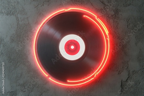 A neon vinyl record with glowing red and white circular accents against a textured gray concrete wall, perfect for a retro-modern style.