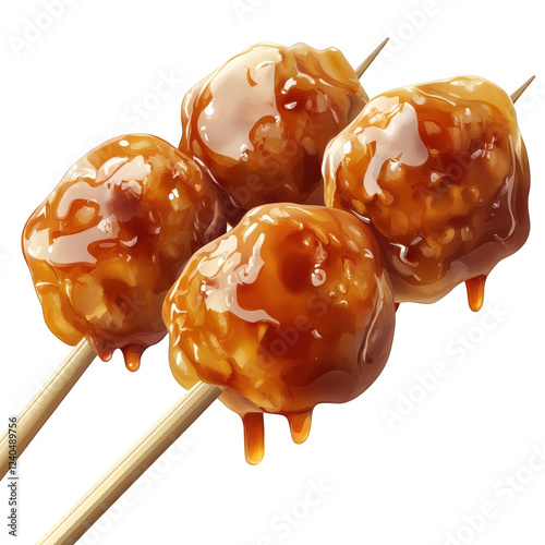 A vector-style illustration of sweet soy-glazed mitarashi dango, three plump dumplings on a bamboo skewer, transparent background, PNG photo