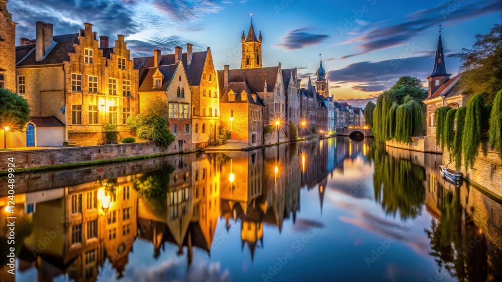 Fototapeta premium Serene evening view over historic Bruges canal with illuminated medieval architecture and twinkling streetlights reflected in the calm water , medieval, canal