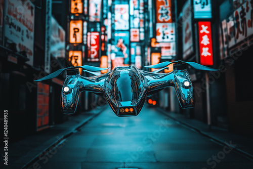 Futuristic Drone Soaring Above Neon-Lit Cityscape