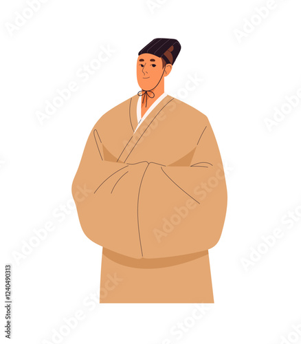 Japanese monk wearing traditional clothes, headwear. Shintoist, priest of taoism or shinto religion. Chinese religious man portrait. Asian culture in China. Flat isolated vector illustration on white