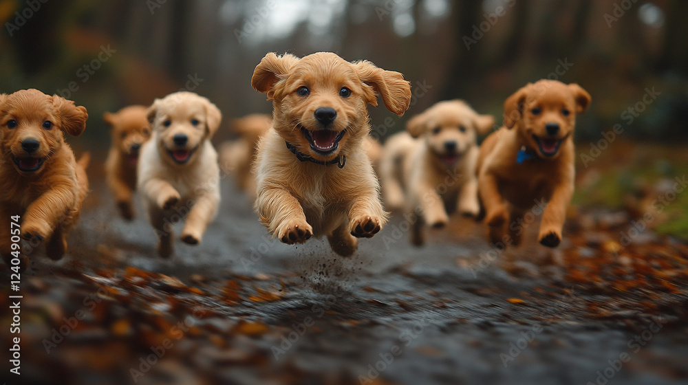 Joyful puppies celebrating National Puppy Day with jubilant leaps in a forest setting during the vibrant springtime Joyful puppies celebrating National Puppy Day with jubilant leaps in a forest setting during the vibrant springtime