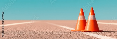 Minimalist Road Safety Twin Traffic Cones on Textured Asphalt with Painted Lines - Essential Transport Content and Highway Management Visuals photo