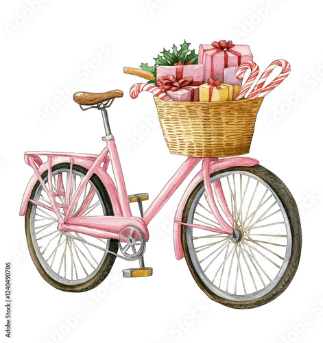 A charming watercolor painting of a pink bicycle carrying a basket full of Christmas presents and candy canes Perfect for holiday cards or prints