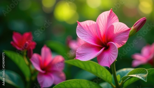 Pink tigridia in a garden with other blooming flowers, pink tigridia, gardenia