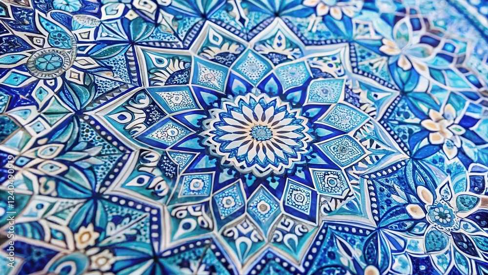 Close-up of a unique art piece featuring mixed blue hues and geometric patterns on a white background , visual arts