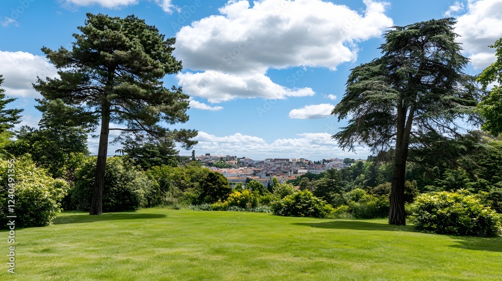 Scenic Park View, Lush Greenery, Majestic Trees, Distant Town Scenic Park View, Lush Greenery, Majestic Trees, Distant Town