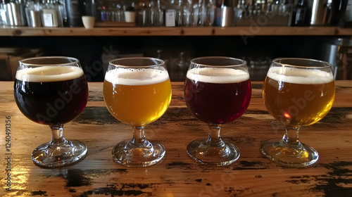 A beer flight featuring four small glasses with different beer styles. photo