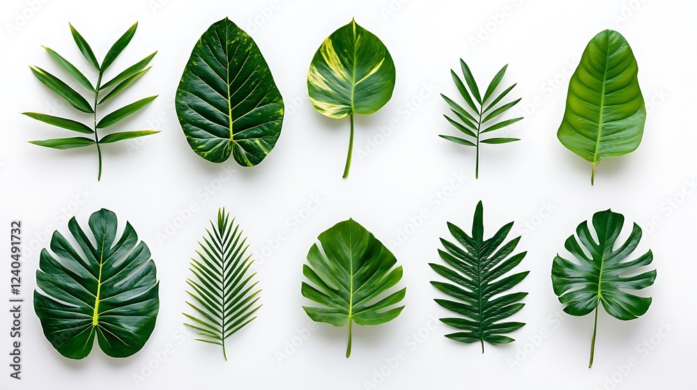 Flat lay of various tropical green leaves on white background. Flat lay of various tropical green leaves on white background.