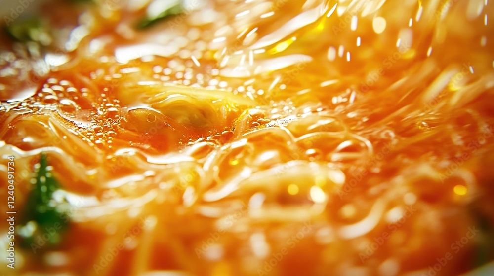 Close-up of kimchi mandu soup, showcasing the vibrant colors and textures of fresh oranges and soft noodles in a rich blend with crystal-clear water droplets Close-up of kimchi mandu soup, showcasing the vibrant colors and textures of fresh oranges and soft noodles in a rich blend with crystal-clear water droplets