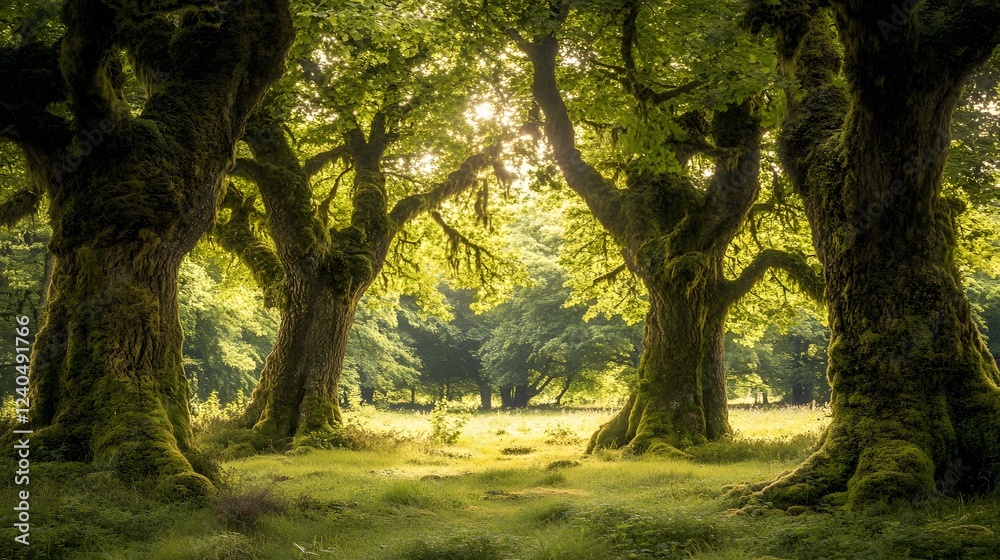 Naklejka premium Serene forest scene, lush green trees arching overhead, dappled sunlight filtering through, tranquil nature setting.