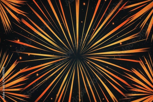 A neon starburst pattern in radiant shades of gold and orange glowing on a soft matte black background for a bold design.