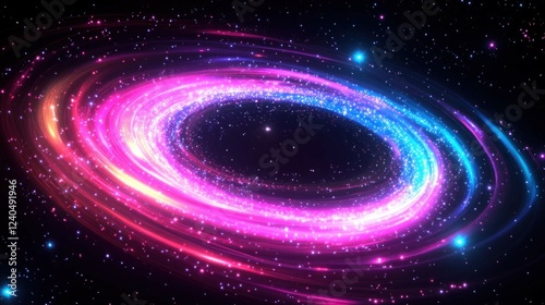 A neon spiral galaxy glowing in pink, purple, and blue hues, with stars sparkling on a cosmic black backdrop.