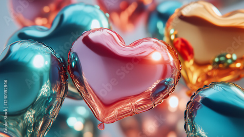 Festive 3d render of shiny heart balloons with metallic color effect