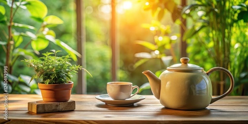 Wallpaper Mural A ceramic teapot and kettle sit on a wooden table, surrounded by a lush green plant, with soft natural light pouring in through a nearby window, wooden table, still life Torontodigital.ca