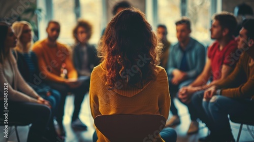 Group Therapy Session with Diverse Participants Engaging in Shared Experience, Reflection, and Support in Cozy Indoor Environment