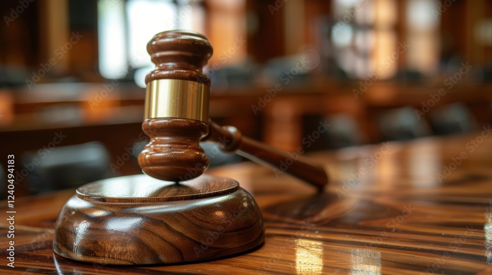 Wooden gavel resting on a polished table in a courtroom, symbolizing justice and legal proceedings with blurred background of a legal setting Wooden gavel resting on a polished table in a courtroom, symbolizing justice and legal proceedings with blurred background of a legal setting