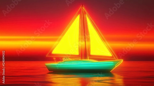 A neon sailboat with glowing yellow sails and a turquoise hull on a gradient sunset background of red and orange tones.