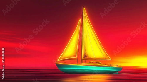 A neon sailboat with glowing yellow sails and a turquoise hull on a gradient sunset background of red and orange tones.