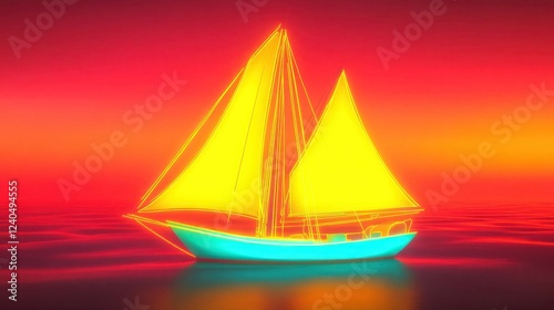 A neon sailboat with glowing yellow sails and a turquoise hull on a gradient sunset background of red and orange tones.