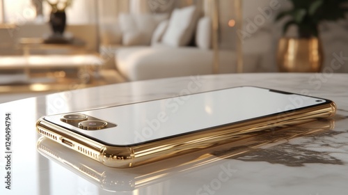 3D smartphone concept showing UI design in a luxurious gold and white theme.  photo