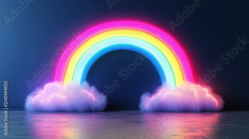 A neon rainbow with soft gradients of color arching over a glowing cloud, set against a matte navy wall for a playful yet refined style.