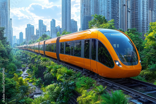 Urban transit train, vibrant orange, speeds through lush green city landscape.