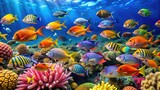 school of colorful fish swimming together in the coral reef, underwater scene, marine life
