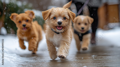 Puppies playfully romp through snowy street celebrating National Puppy Day with joy and enthusiasm