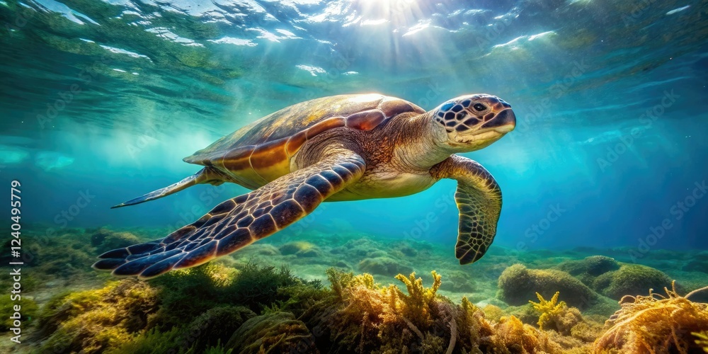 Fototapeta premium Sea turtle gliding through the water with seaweed attached to its shell, slow swimmer, seaweed attachment