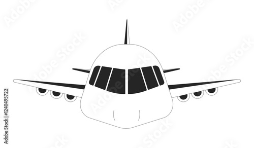 Airplane front view black and white 2D line object. Airline industry. Flight transport. Commercial aircraft. Air travel, aviation isolated clip art vector outline item. Monochromatic spot illustration