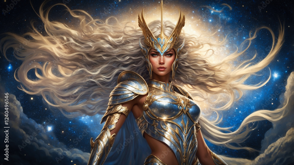 A valkyrie with metallic armor under a celestial sky A valkyrie with metallic armor under a celestial sky