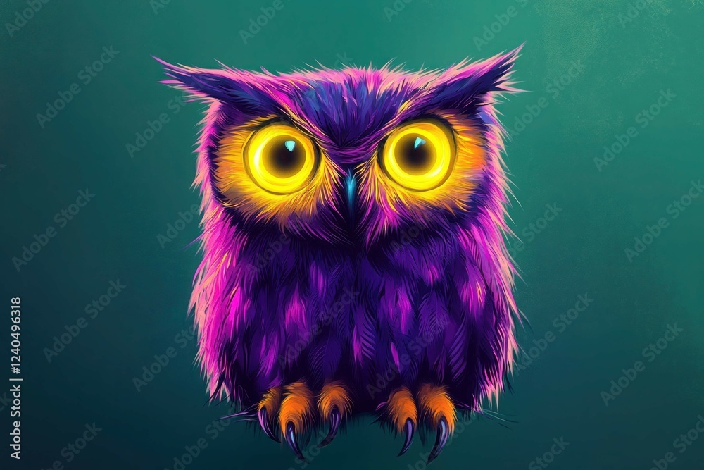 Obraz premium A neon owl with glowing yellow eyes and vibrant purple feathers, set against a gradient forest-green background for a nocturnal ambiance.
