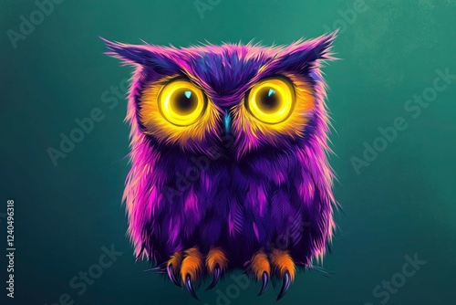 A neon owl with glowing yellow eyes and vibrant purple feathers, set against a gradient forest-green background for a nocturnal ambiance.
