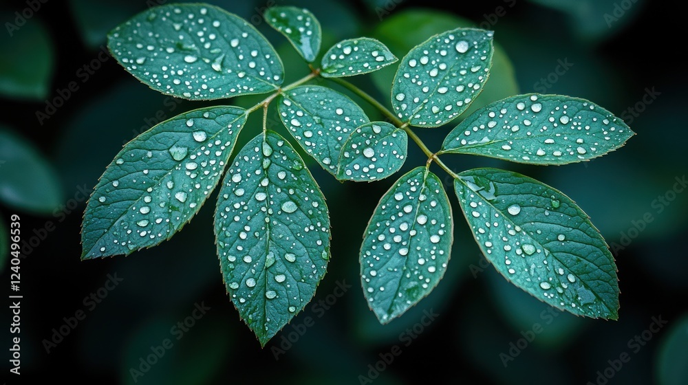 Fototapeta premium Dew-kissed leaves, garden, dark background, nature