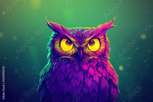 A neon owl with glowing yellow eyes and vibrant purple feathers, set against a gradient forest-green background for a nocturnal ambiance.