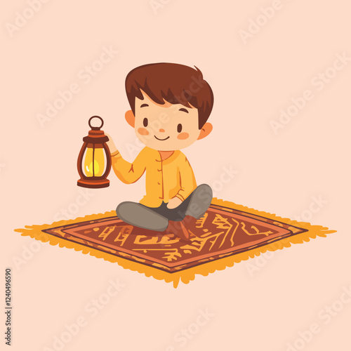 muslim boy holding lantern vector illustration