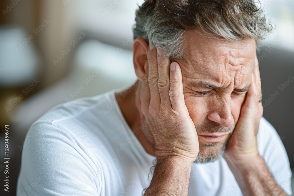 Fototapeta premium Middle-aged man experiencing intense stress and discomfort while holding his head in hands, conveying feelings of anxiety and strain in a cozy home environment