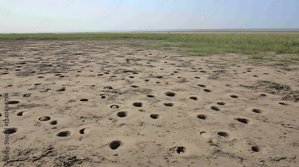 Numerous Holes in Sandy Beach near Grassy Area Numerous Holes in Sandy Beach near Grassy Area