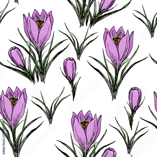 Seamless Floral Pattern With Painted Crocuses