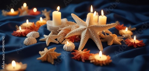Shell and starfish festive centerpiece on a blue cloth with candles, beachy festives, tropical holiday decorations, coral-adorned vase photo