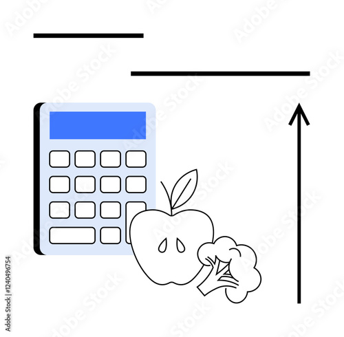 Calculator apple broccoli upward arrow symbolize balanced nutrition healthy eating, growth, wellness, dietary planning. Ideal for health apps, diet plans, nutritionists, wellness blogs, growth