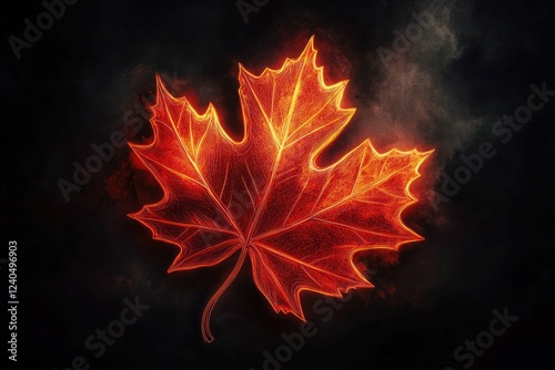A neon maple leaf glowing in vibrant red and orange tones, set against a deep matte black background for a seasonal modern look.