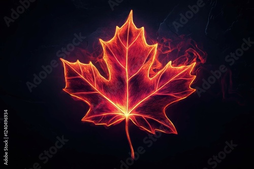 A neon maple leaf glowing in vibrant red and orange tones, set against a deep matte black background for a seasonal modern look.
