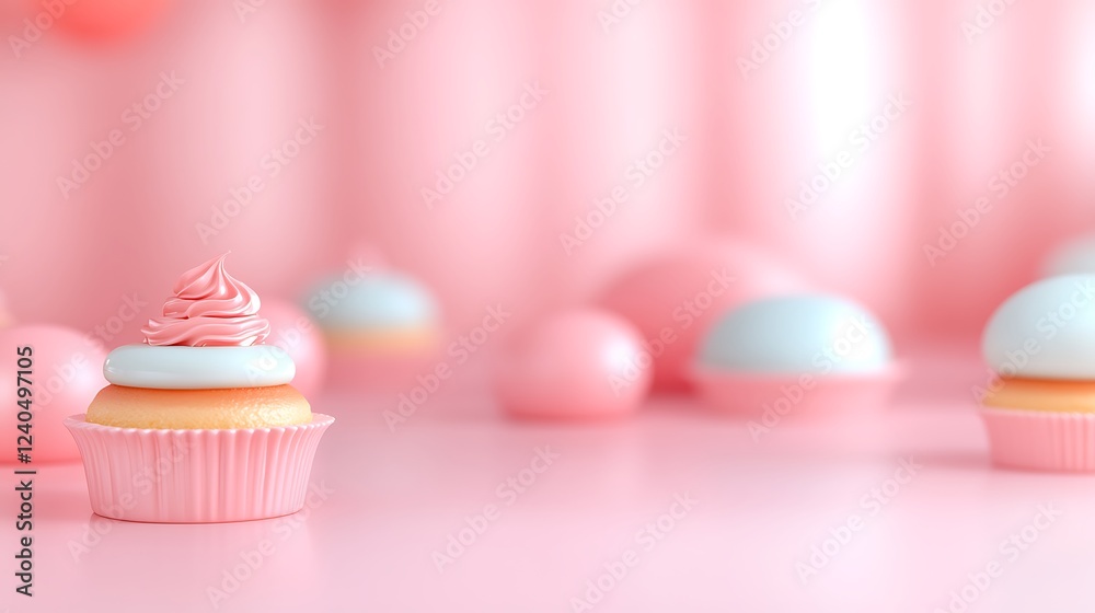 Sweet pastel cupcake with pink frosting and blue macaroon on soft pink background, perfect for dessert concepts Sweet pastel cupcake with pink frosting and blue macaroon on soft pink background, perfect for dessert concepts