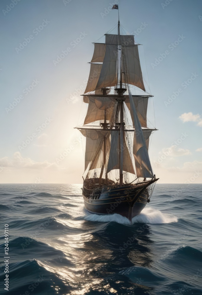 Fototapeta premium Ship sailing on open ocean with sail and rudder, ship, waves, open ocean