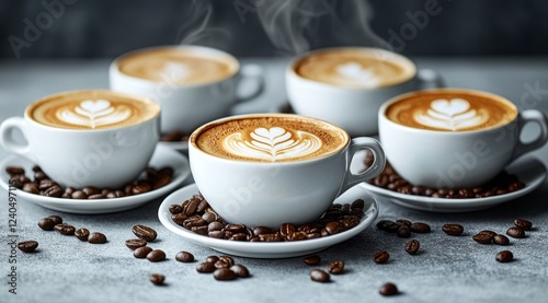 Lavish latte art displayed on creamy coffees in cozy cafe setting with roasted beans scattered on grey countertop