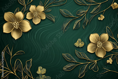 Elegant green summer background wallpaper vector with golden metallic decorative wall art for luxurious interior design and stylish home décor