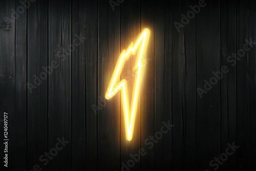 A neon lightning bolt with glowing yellow and white lights set against a black wood-paneled wall for a bold modern aesthetic.